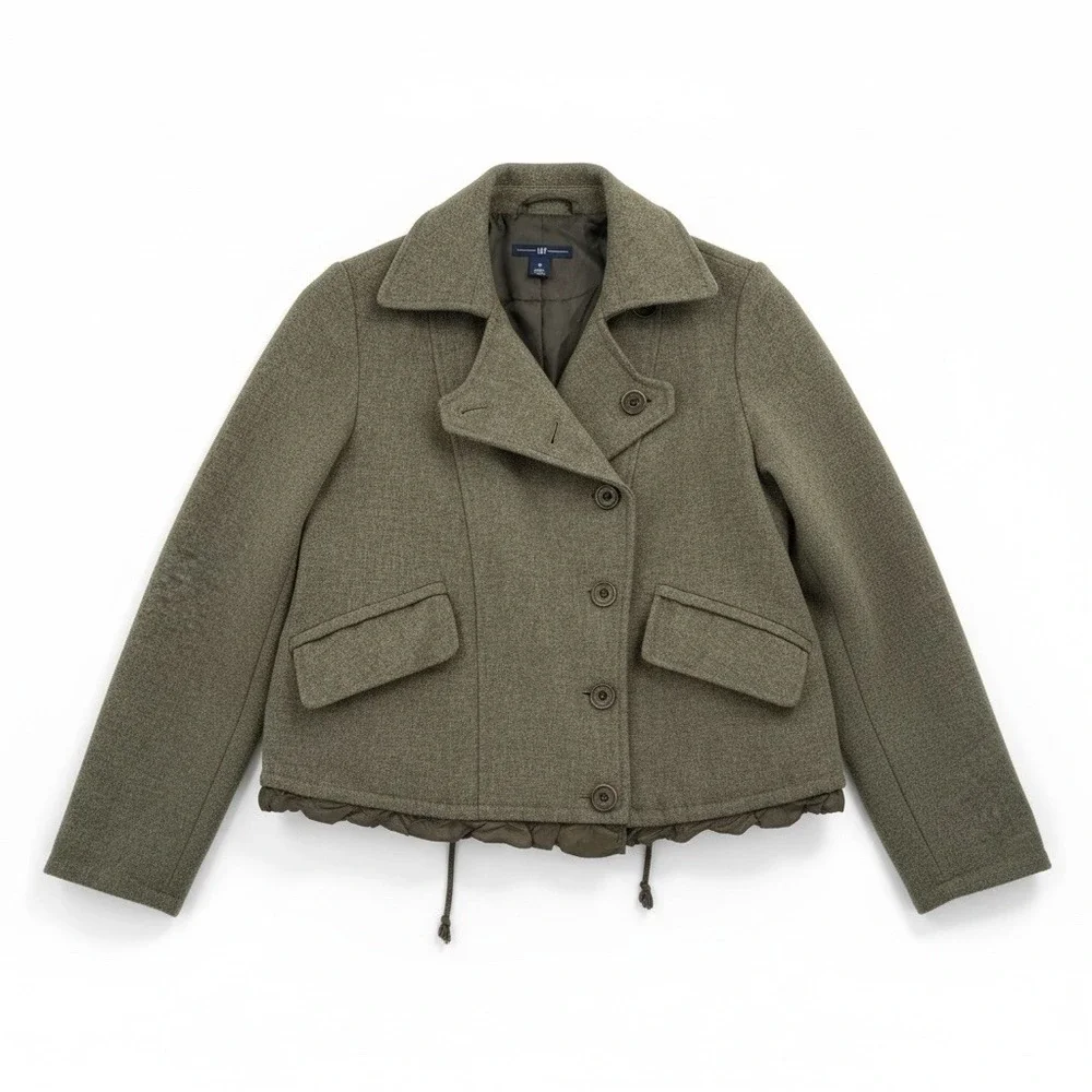 Gap Olive Wool Pea Coat Jacket Women's Size X Small Feminine Ruffle Tie Waist